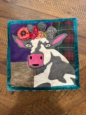 Mackenzie Childs FRIDA COW PILLOW Cover Courtly Check Back Artsy Beaded Colorful